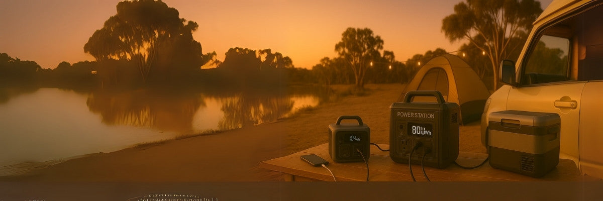 A panoramic digital photograph showcases portable power stations of varying sizes powering devices across different Australian outdoor settings, from phone charging by a river to camping appliances and a van kitchen setup