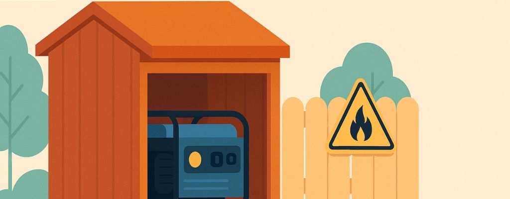 Minimalist illustration of a generator housed in a wooden enclosure with a warning sign on a fence, surrounded by trees and clouds.