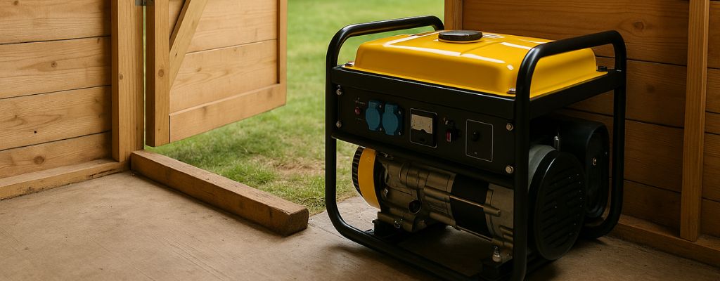Yellow portable generator inside a wooden shed with doors open to a green backyard.