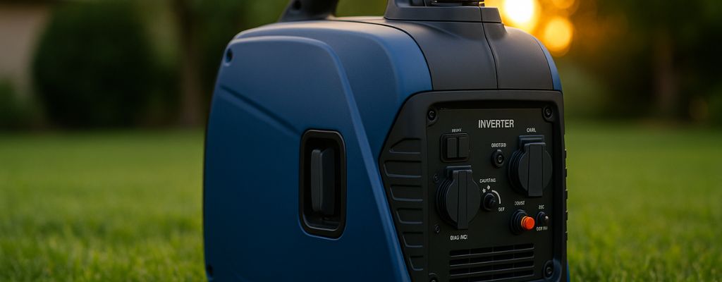 Portable inverter generator on a grassy backyard at sunset