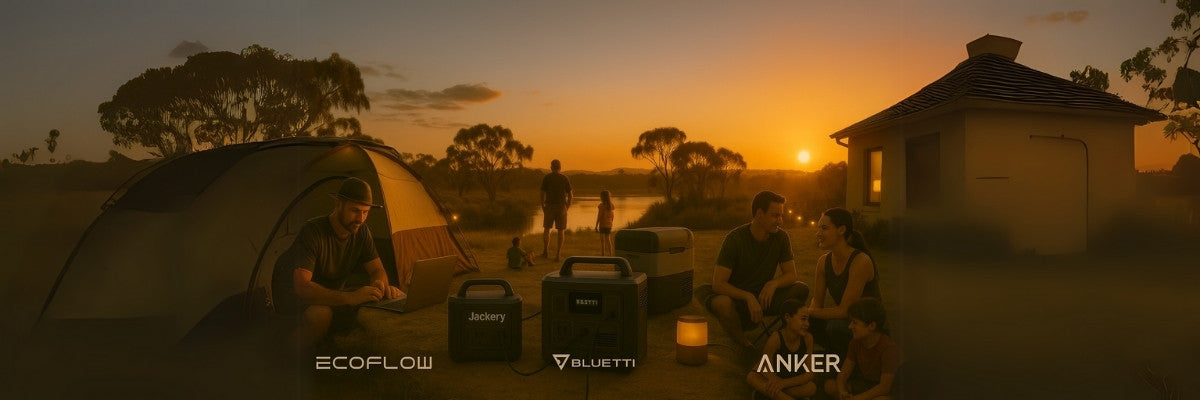 A panoramic image shows Australians enjoying outdoor life at sunset with EcoFlow, Jackery, Bluetti, and Anker portable power stations in use at a single serene riverside campsite