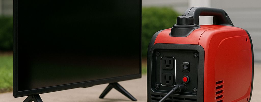 Alternative angle showing a flat-screen TV connected to a red portable generator outdoors on a concrete surface