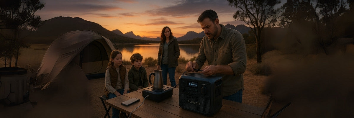 A photograph of a family of four camping by a lake at dusk with a Bluetti power station on a table