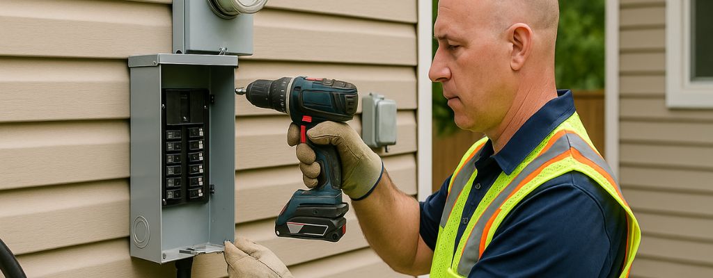 An electrician in a safety vest installs a transfer switch on a home's exterior wall in a garden setting.