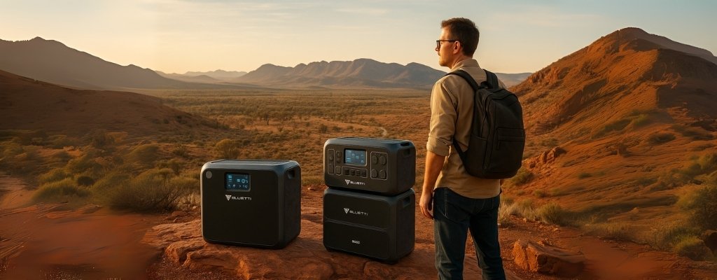 man comparing bluetti ac200l and ac300 modular power stations in australian outback