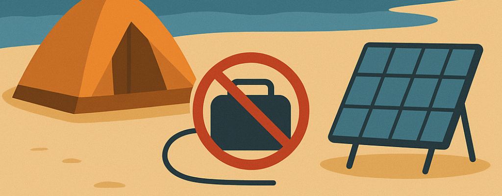 Restricted generator use sign on Fraser Island above a beach camping scene