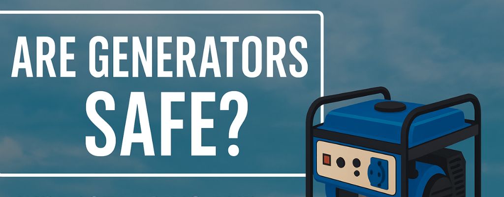 Blog cover image featuring the text "Are Generators Safe? Understanding and Mitigating the Risks" with a graphic of a blue portable generator on a cloudy sky background.