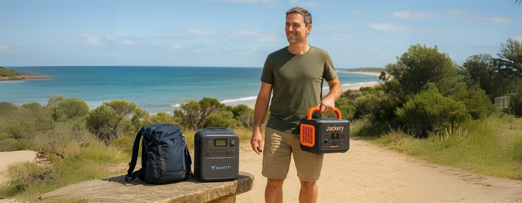 Australian lookout Bluetti AC180 on ground, Jackery 1000 V2 carried in hand