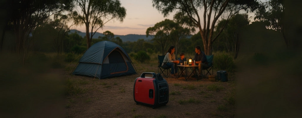 Australian bush camping with inverter generator powering evening setup