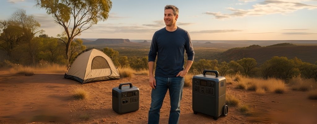 Australian campsite with man, two portable power stations, scenic landscape