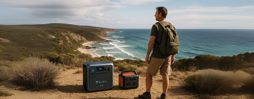 Australian coastal campsite Bluetti AC200L and Elite 200 V2 portable power stations