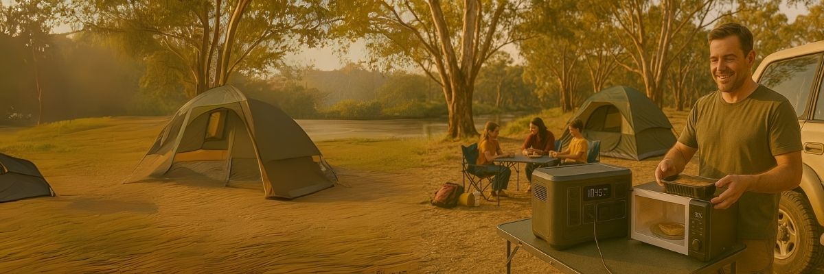 Aussie dad heating food with power station microwave at bush campsite