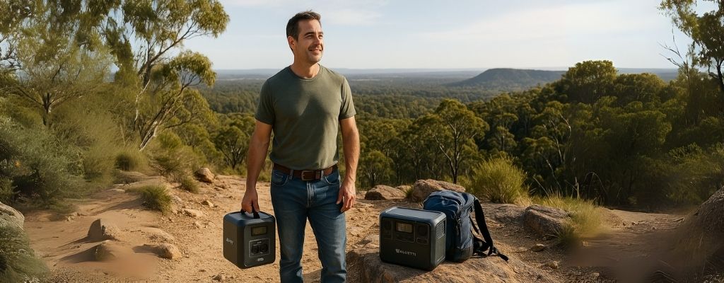 Wide Australian lookout scene showing Bluetti AC180 and Anker C1000 portable power stations