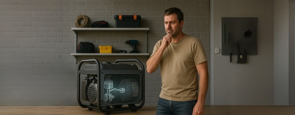 Australian man in garage viewing x-ray of portable generator inner workings