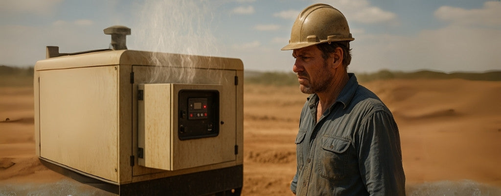 Australian man concerned generator overheating dusty worksite red warning light