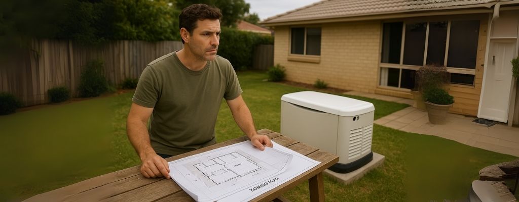 Australian man holding site plan beside standby generator in backyard