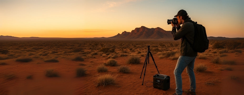 photographer in outback with EcoFlow portable power station at sunset