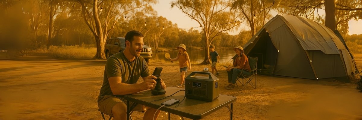 Family camping by river with power station running lights and fish finder