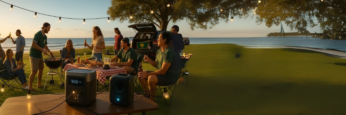 Outdoor Australian tailgate party powered by modern portable station