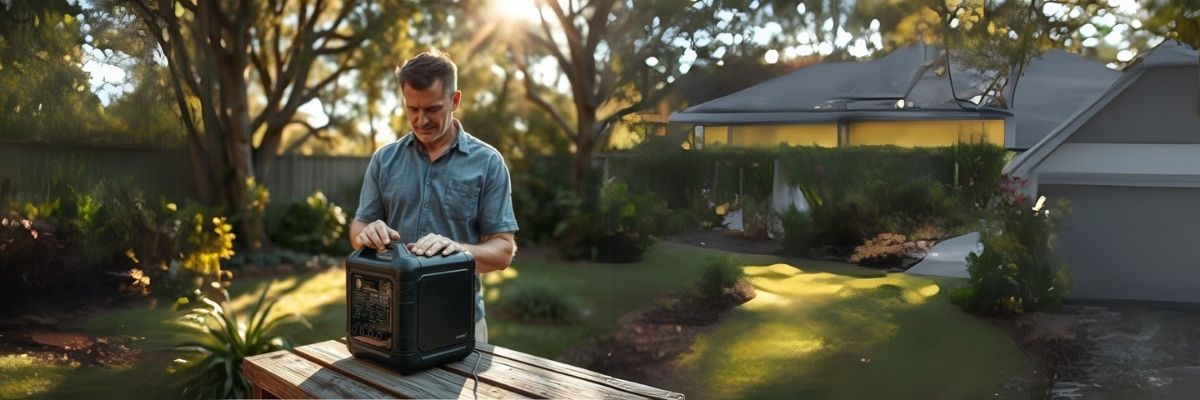 A man placing a portable power station on a wooden table in a sunlit backyard, with a modern home in the background, symbolizing home backup power readiness