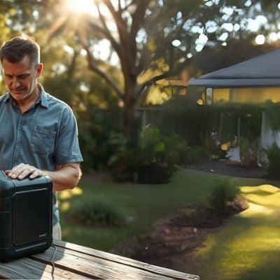A man placing a portable power station on a wooden table in a sunlit backyard, with a modern home in the background, symbolizing home backup power readiness