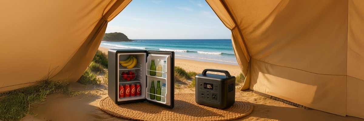Mini-fridge and power-station on Australian beach campsite