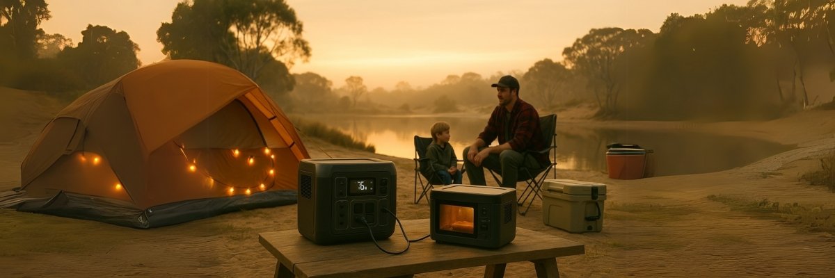 Aussie father and son camping by billabong with power station running lights