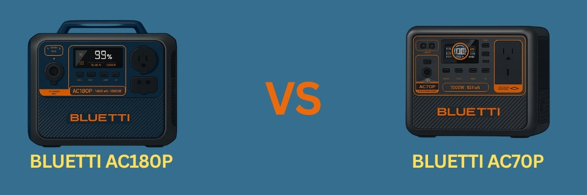 Side-by-side visual of Bluetti AC180P and AC70P with product images on a blue background