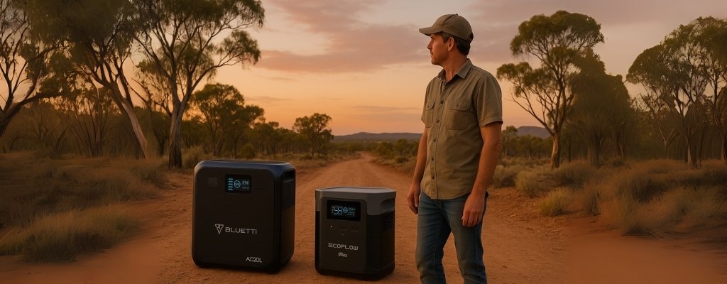 Australian man with Bluetti AC200L and EcoFlow Delta 2 Max portable power stations in rugged outback landscape