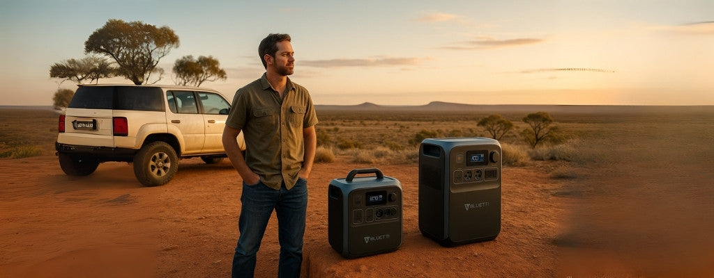 Australian man with Bluetti AC70 and AC180 portable power stations in outback
