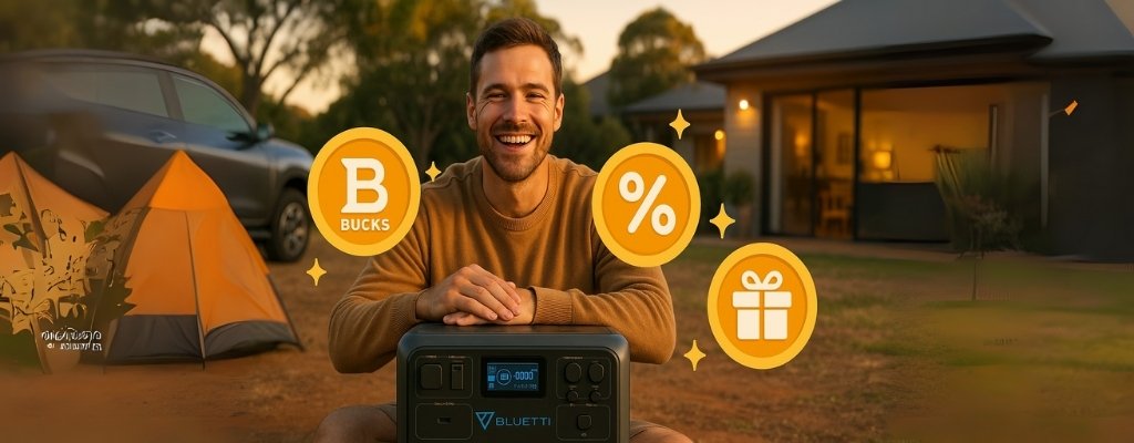 Happy Australian Bluetti user enjoying rewards, discounts, camping benefits