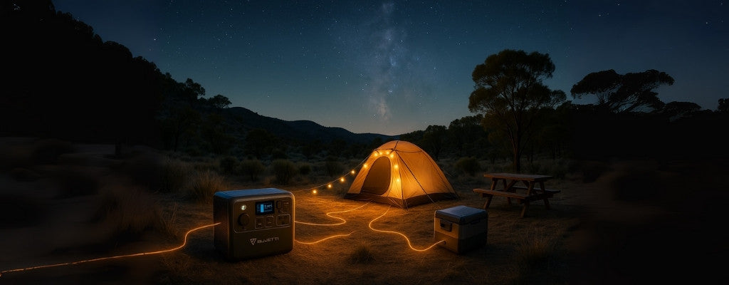 Bluetti portable power station powering tent, fridge, and phone in scenic Australian outback at night