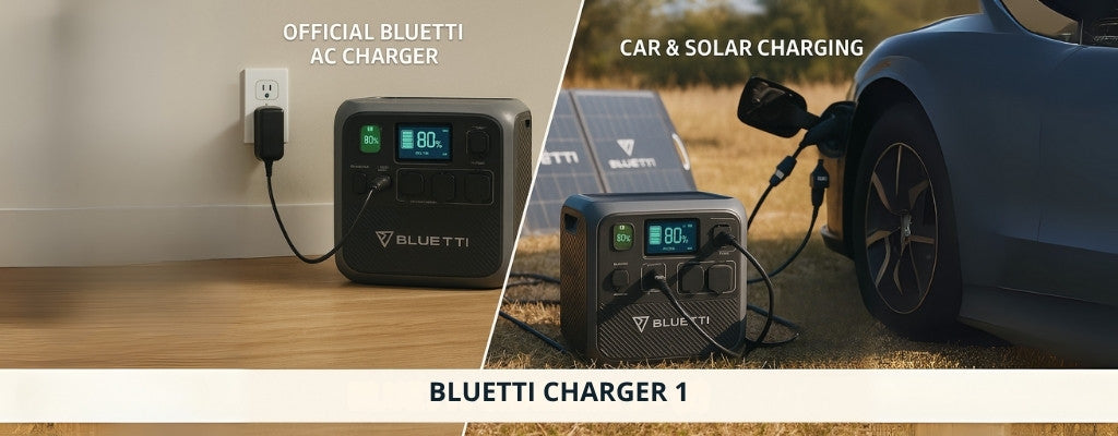 Bluetti charging via wall outlet, solar panel, and car adapter