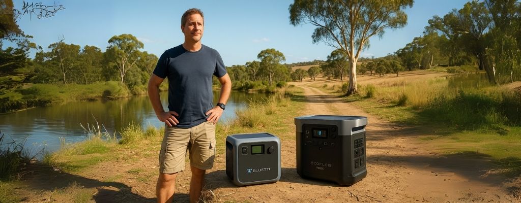 Australian man comparing Bluetti AC70 and EcoFlow Delta 2 portable power stations outdoors