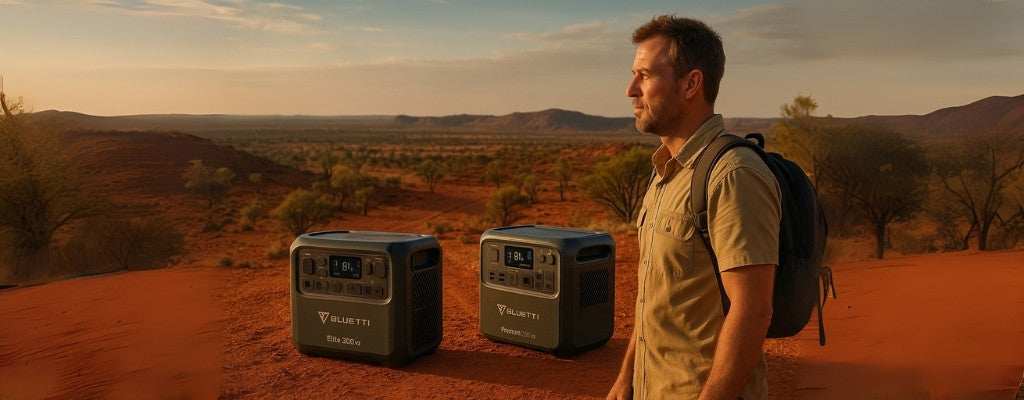 Australian explorer with Bluetti Elite 200 V2 and Premium 200 V2 in rugged outback