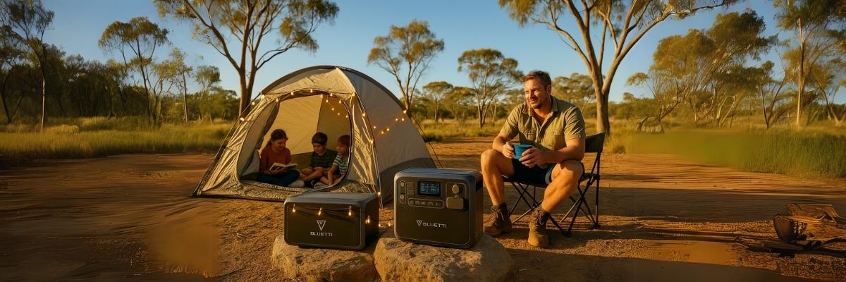 Bluetti powering LED lights at serene Aussie family campsite with tent and trees