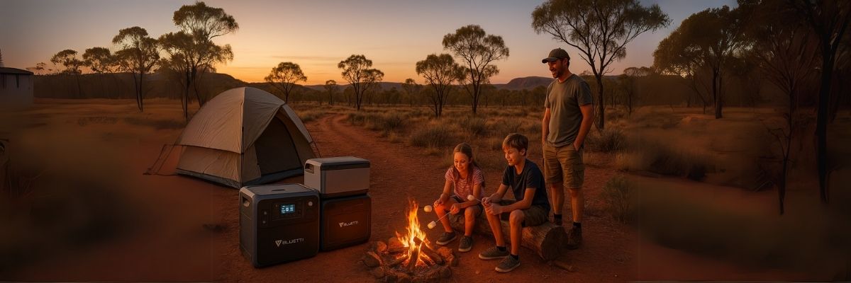 Family camping with Bluetti power station in Australian outback at dusk
