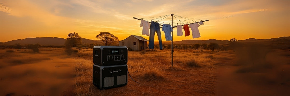 Bluetti powering laundry setup in remote outback with sunset view