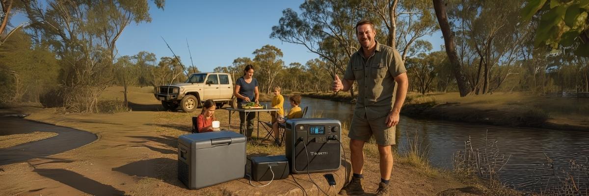 Australian family using Bluetti AC200MAX at river campsite with 4x4 and fridge