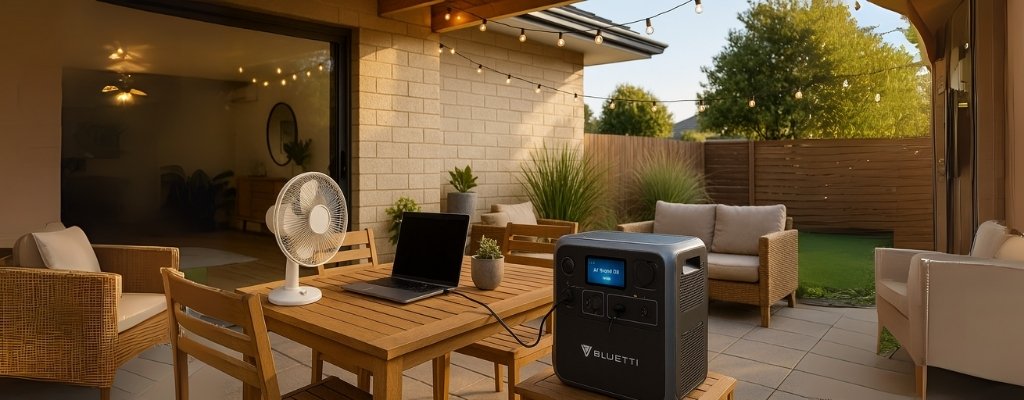 Bluetti portable power station powering fan and laptop outdoors