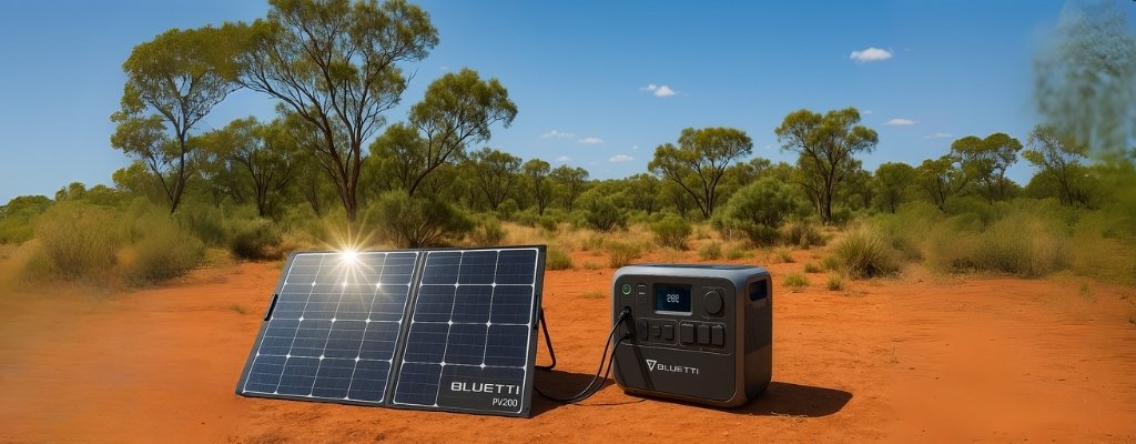 Bluetti portable solar charging setup in Australian outback with red earth
