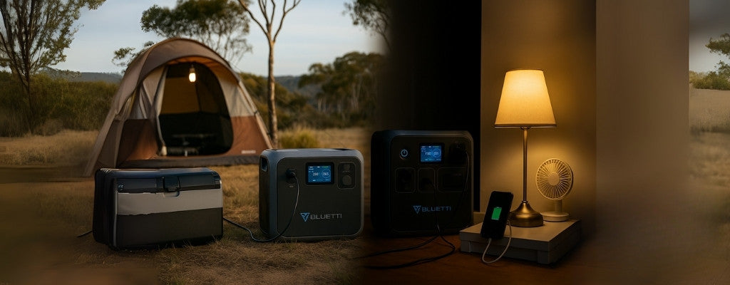 Bluetti power station powering camping and home blackout setup