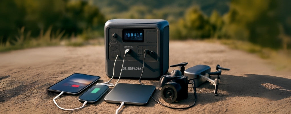 Bluetti powering phone, laptop, drone, and camera outdoors