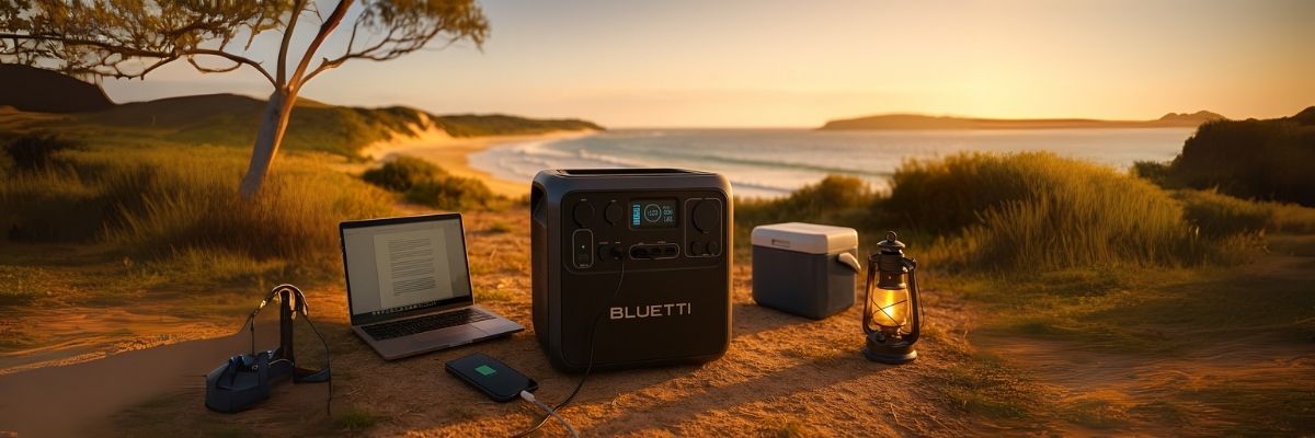 Bluetti portable power station powering laptop, phone, and cooler at coastal Australian campsite during sunset