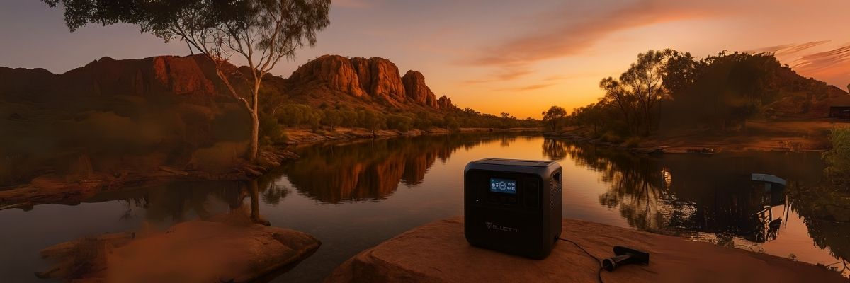 Bluetti power station beside Australian billabong at sunset