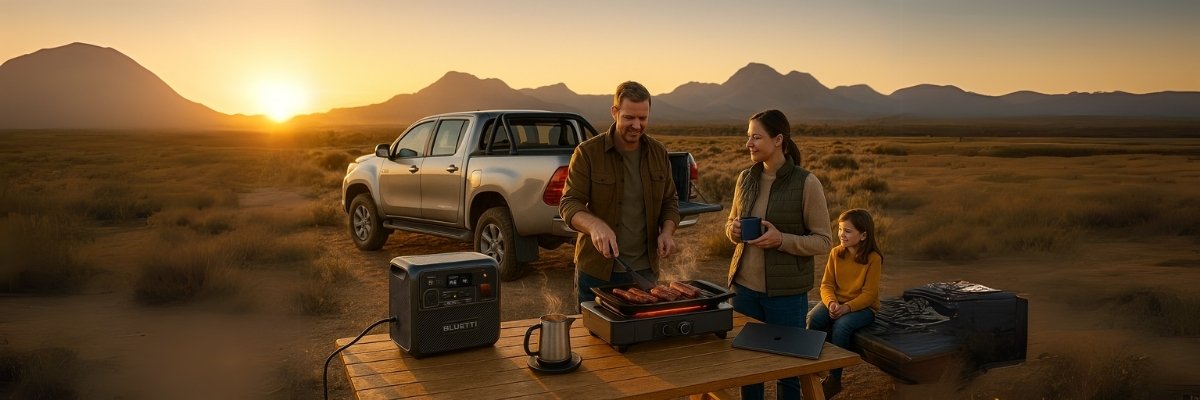 Bluetti powers electric grill for family breakfast in Aussie outback