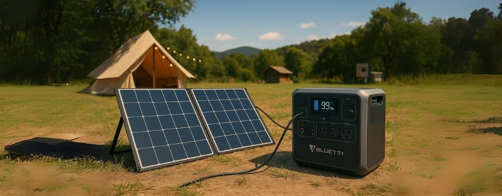 Bluetti portable power station charging via solar panels outdoors