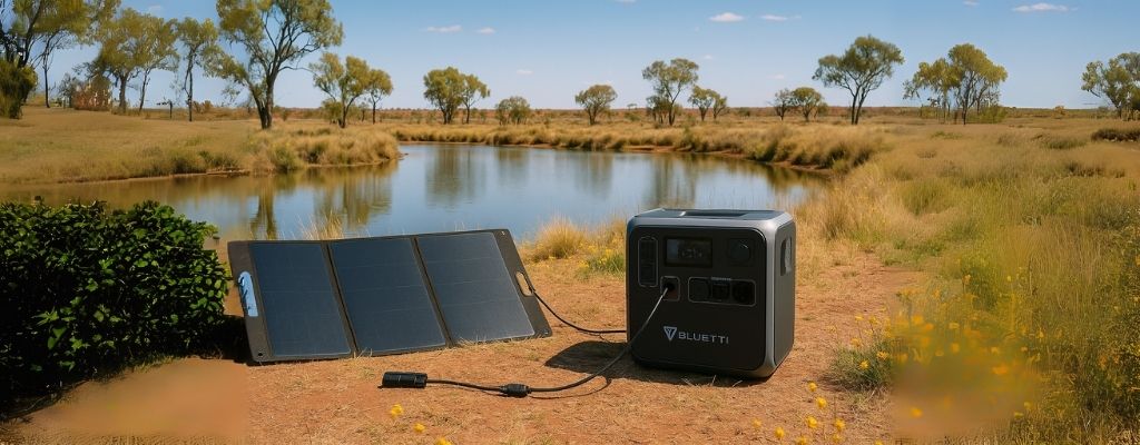 Bluetti power station with solar panel in remote Australian outback by billabong
