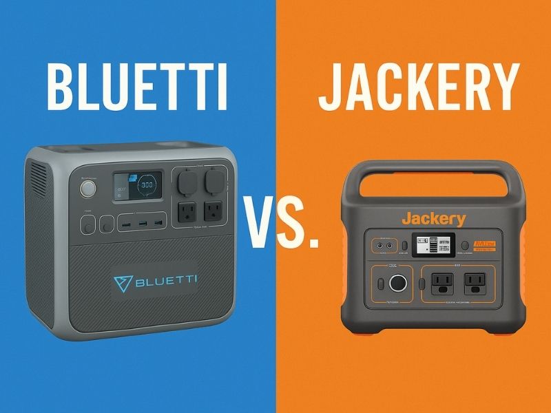 Digital comparison graphic of Bluetti and Jackery power stations with a blue and orange split background