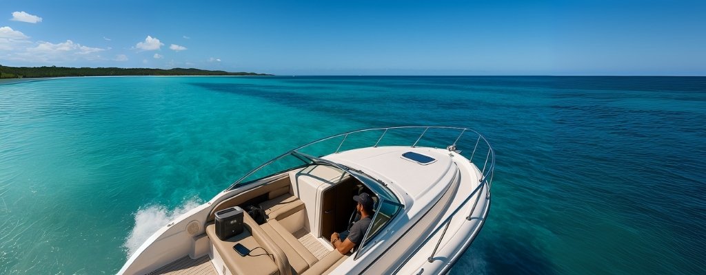 Portable power station on boat in turquoise Australian waters